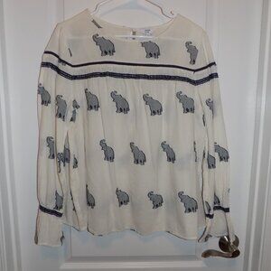 CROWN & IVY Off-white Blue Elephant Peasant Blouse Shirt Large Flowy